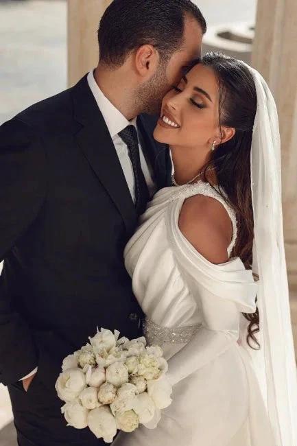 Glamorous one shoulder long sleeves mermaid satin Wedding dress with ruffles (ZD16405)