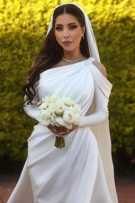 Glamorous one shoulder long sleeves mermaid satin Wedding dress with ruffles (ZD16405)
