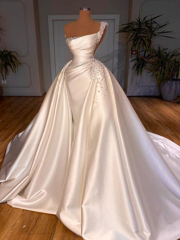 Elegant One-Shoulder Beaded Ruched Satin Long Train Wedding Dress - VelvetHem