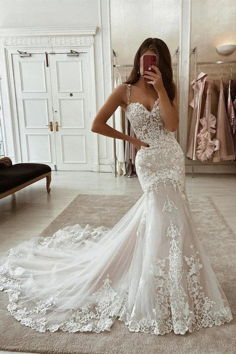Glamorous Spaghetti Straps Mermaid Sleeveless Wedding Dress With Lace (ZD14512) - VelvetHem