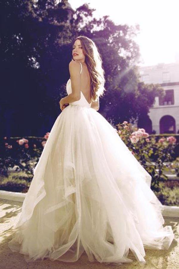 Glamorous Straps Ball Gowns Ivory Backless Tulle Wedding Dresses (ZD15464) - VelvetHem