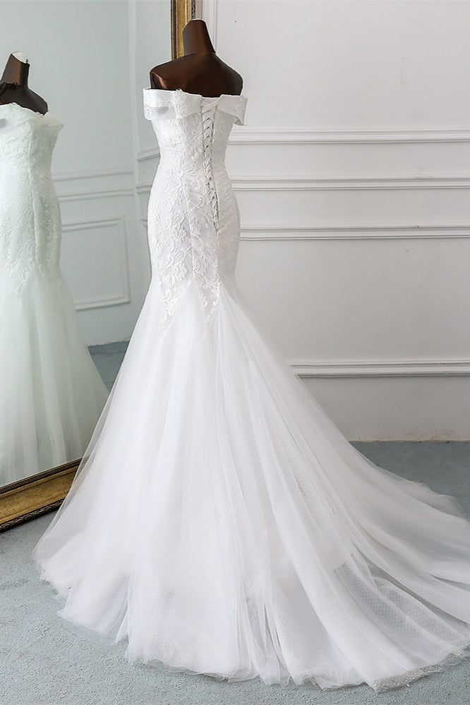Glamorous Tulle Lace Off-the-Shoulder White Mermaid Wedding Dresses (ZD17420)