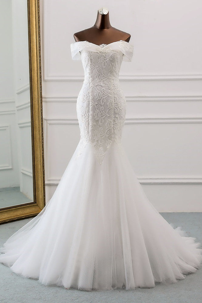 Glamorous Tulle Lace Off-the-Shoulder White Mermaid Wedding Dresses (ZD17420) - VelvetHem