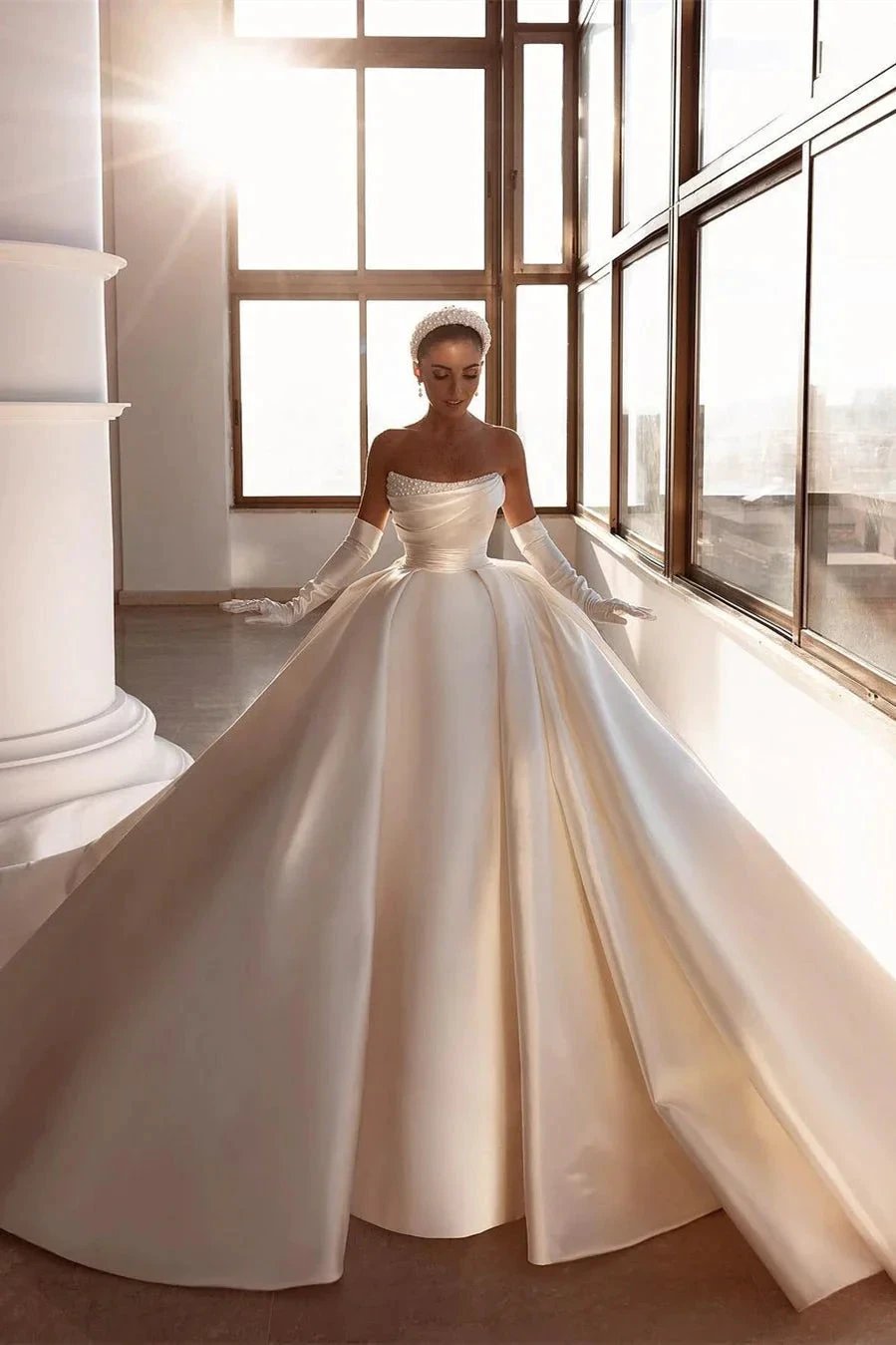 Glamorous White A-line Beading Satin Wedding Dress With Train (ZD16558)