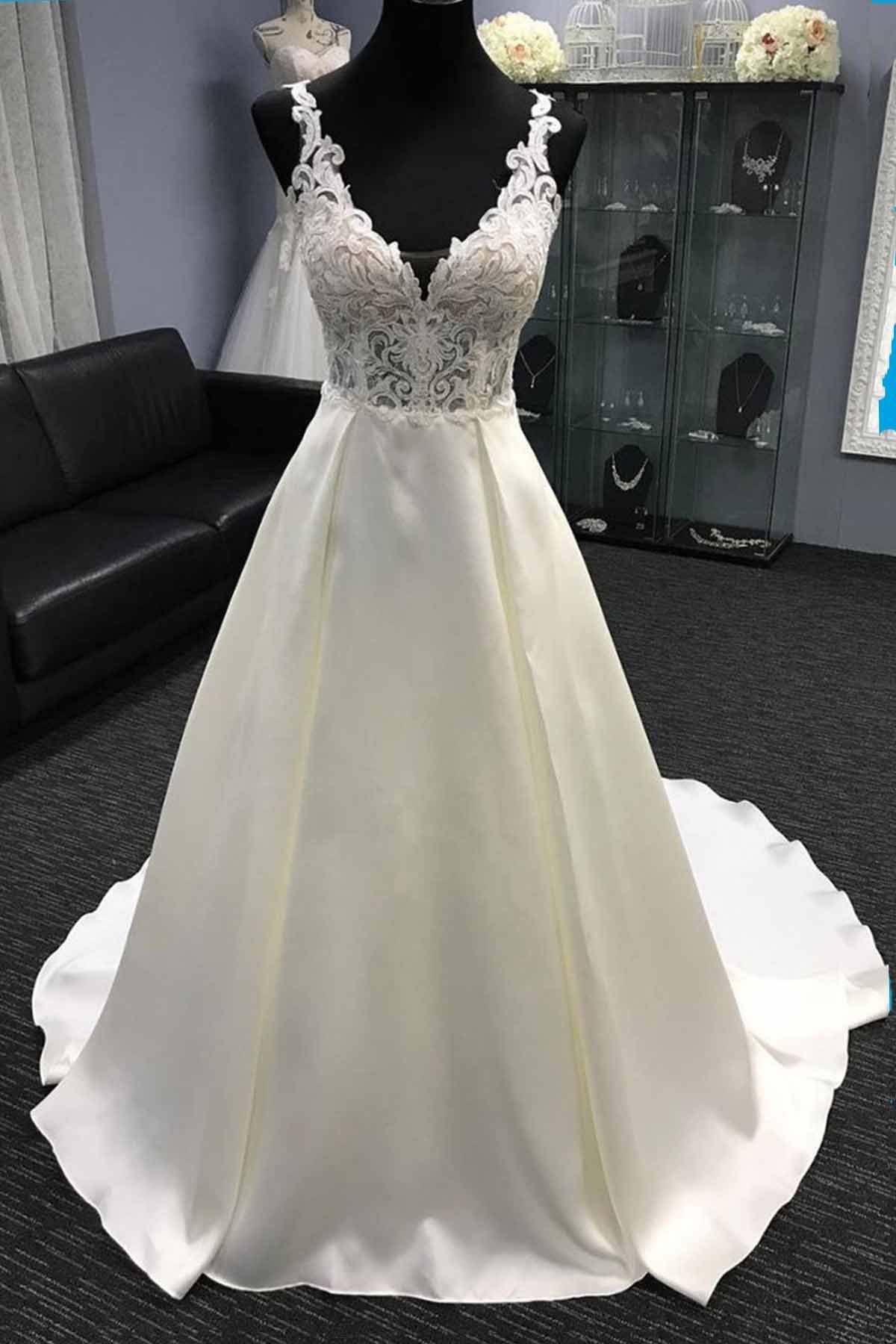Glamorous White Satin V-Neck Wedding Dress A-Line Halter Bridal Gowns On Sale (ZD17443)