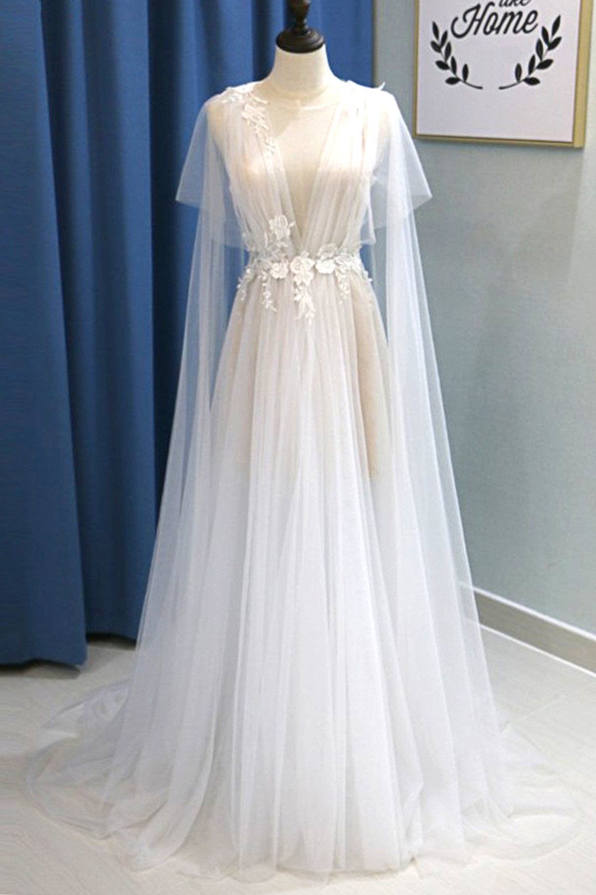 Glamorous White Tulle V-Neck Beach Wedding Dress A Line Flower Bridal Gowns On Sale (ZD17435) - VelvetHem