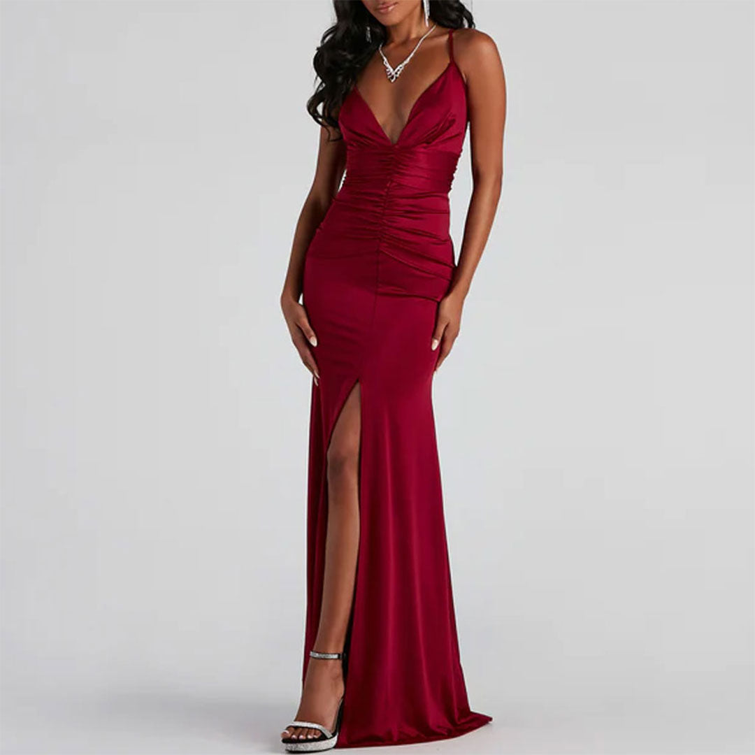 Ruched Deep V High Slit Backless Maxi Dress - Red