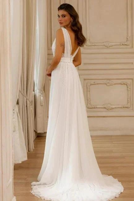 Gorgeous A-Line Chiffon Lace V-Neck Sleeveless White Wedding Dresses With Openback (ZD16668)