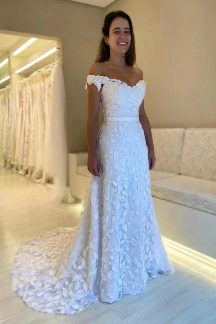 Gorgeous A-Line Lace Sweetheart Sleeveless White Wedding Dresses With Appliques Openback (ZD16631) - VelvetHem
