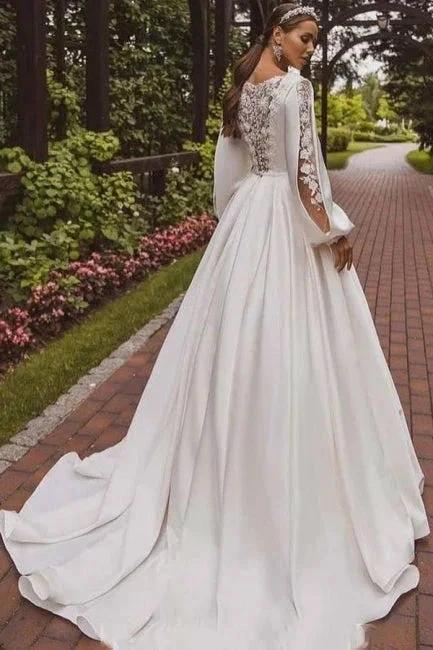 Gorgeous A-Line Satin Long Sleeve White Wedding Dress With Appliques (ZD16654)