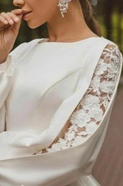 Gorgeous A-Line Satin Long Sleeve White Wedding Dress With Appliques (ZD16654)