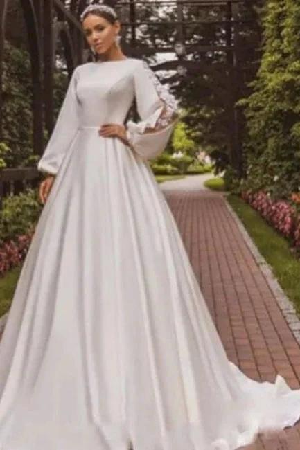 Gorgeous A-Line Satin Long Sleeve White Wedding Dress With Appliques (ZD16654) - VelvetHem