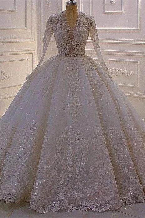 Gorgeous A-line White V-neck Long Sleeves Lace Sequined Wedding Dress (ZD14539)