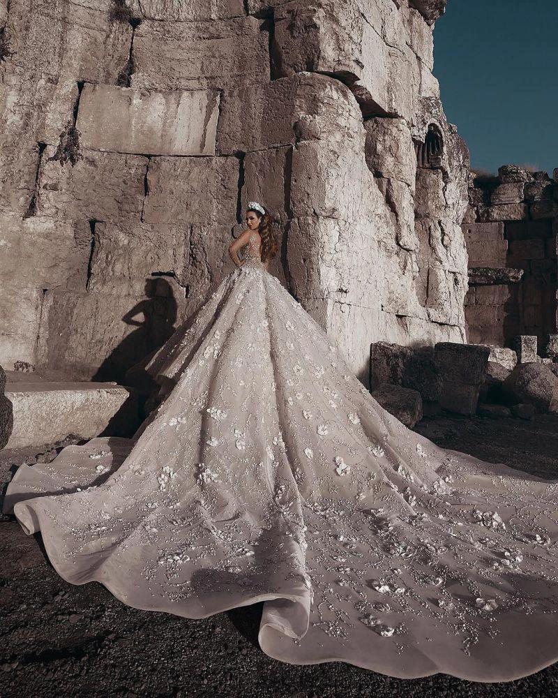 Gorgeous Beading Floral Bridal Wears Sheer Neck Long Sleeves Princess Wedding Dress (ZD16605)