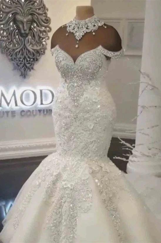Gorgeous Crystals Mermaid Wedding Dress Off-the-Shoulder Appliques Bridal Wears (ZD13887) - VelvetHem