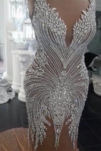 Gorgeous Crystals Mermaid Wedding Dress V-Neck Backless Champagne Bridal Wears (ZD16602)