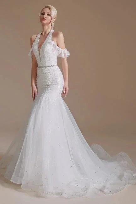 Gorgeous Halter Sleeveless Mermaid Floor-Length Tulle Wedding Dresses with Applique (ZD14662)