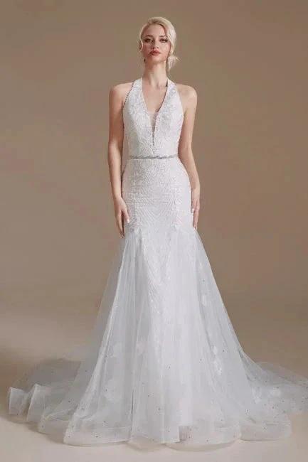 Gorgeous Halter Sleeveless Mermaid Floor-Length Tulle Wedding Dresses with Applique (ZD14662)