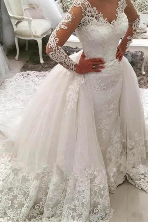 Gorgeous Ivory Long Mermaid V-Neck Appliques Lace Wedding Dress with Sleeves (ZD15867) - VelvetHem