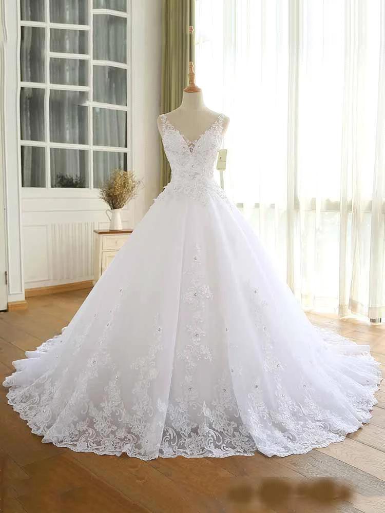 Gorgeous Lace Beaded Wedding Dress New Arrival V-Neck Straps Long Princess Wedding Party Bridal Dress (ZD16594) - VelvetHem