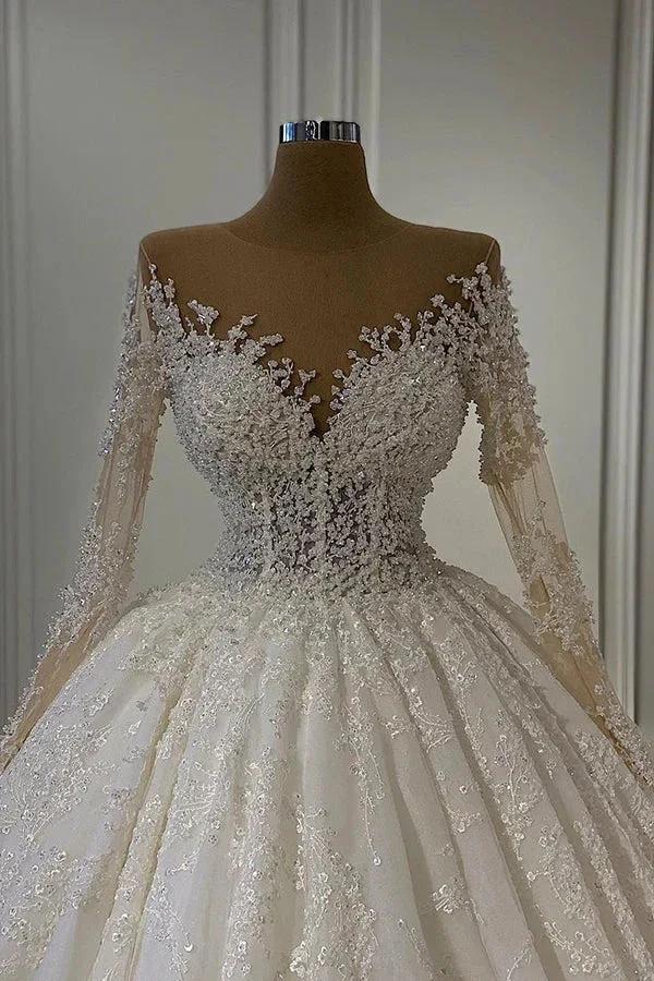 Gorgeous Lace Long Sleeve Beads Ball Gown Wedding Dress (ZD13914)