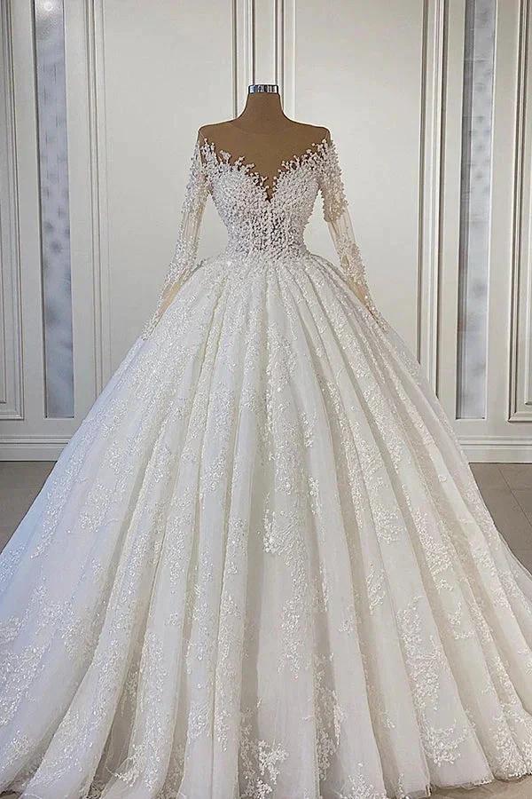 Gorgeous Lace Long Sleeve Beads Ball Gown Wedding Dress (ZD14455) - VelvetHem