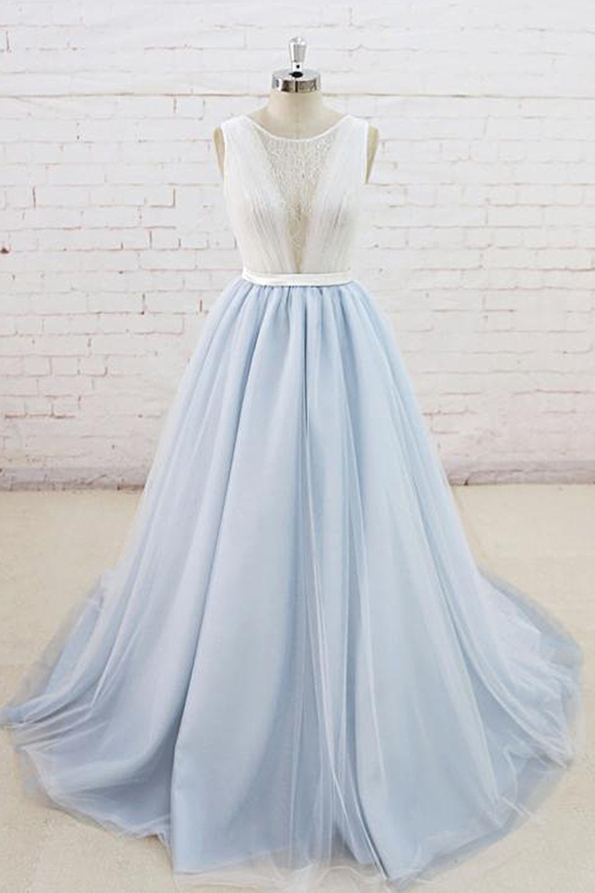 Gorgeous Light Blue Tulle Lace Wedding Dress Sheer Back Summer Bridal Gowns On Sale (ZD17434) - VelvetHem