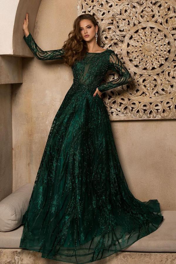 Gorgeous Long A-Line Bateau Appliques Lace Prom Dress with Sleeves - VelvetHem