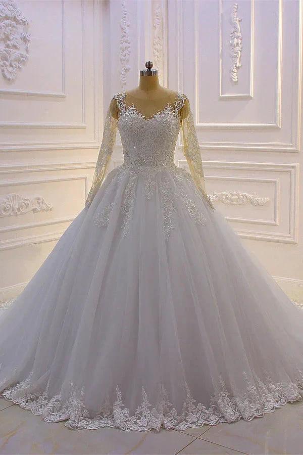 Gorgeous Long A-Line Bateau Pearl Tulle Appliques Lace Wedding Dress with Sleeves (ZD15188) - VelvetHem