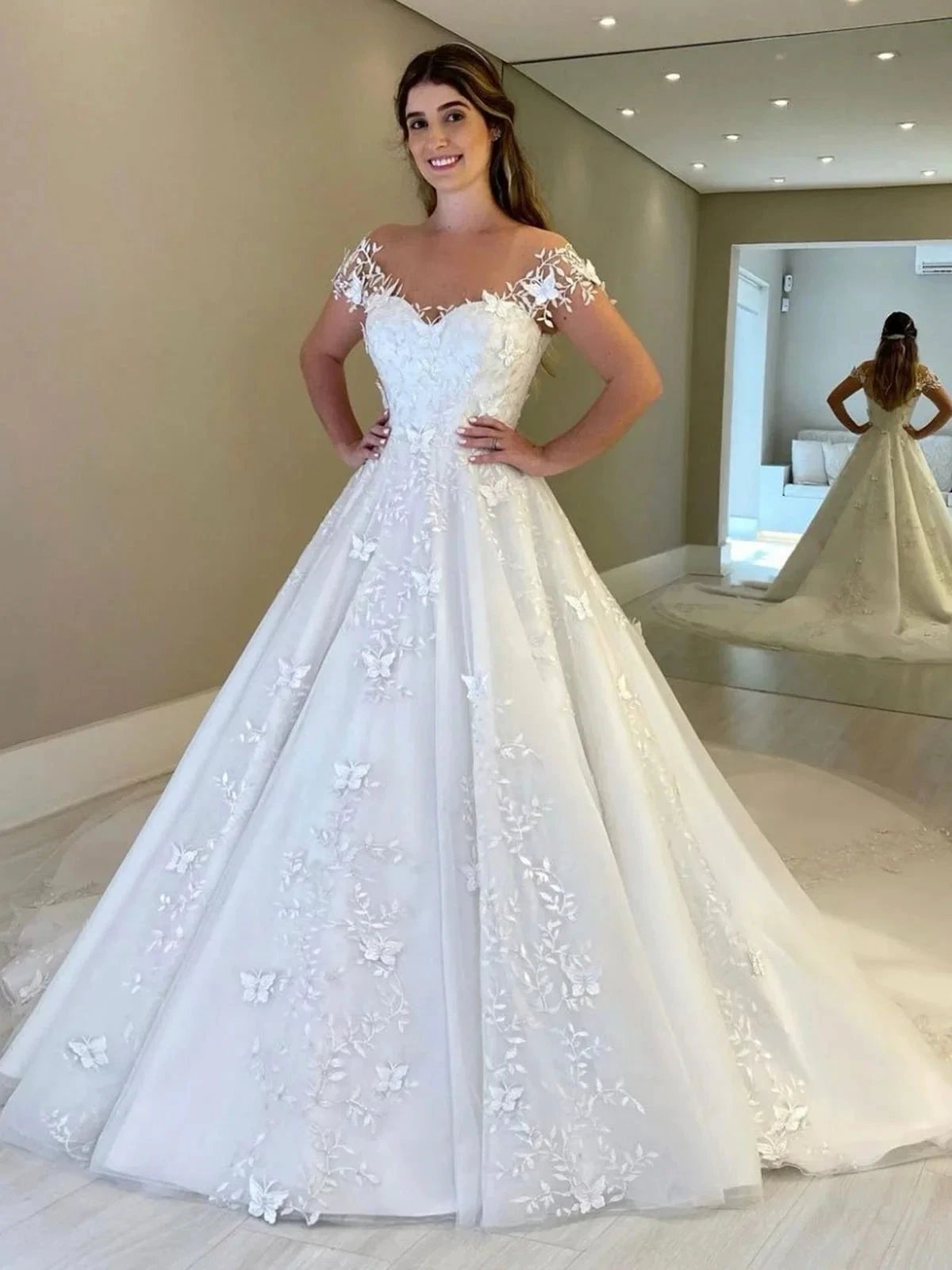 Gorgeous Long A-line Off Shoulder Lace Open Back Wedding Dresses with Cap Sleeves (ZD16748) - VelvetHem
