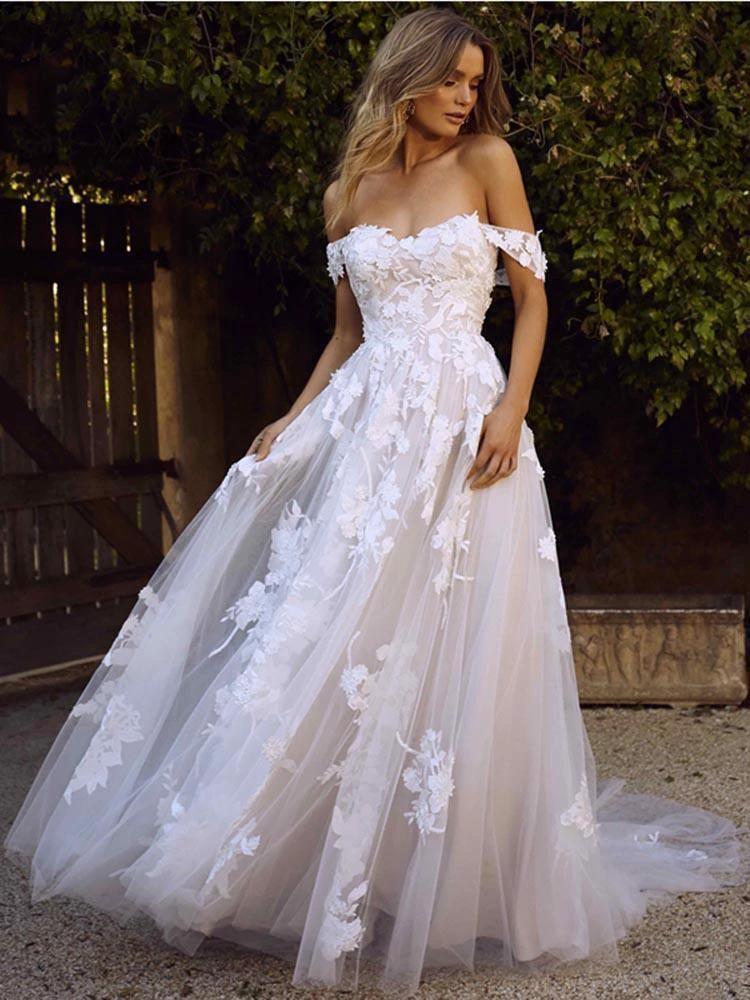 Gorgeous Long A-line Off the Shoulder Open Back Appliques Tulle Wedding Dresses (ZD15890) - VelvetHem
