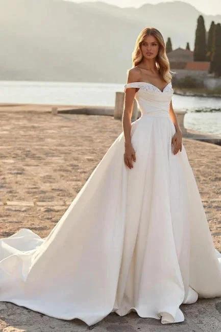 Gorgeous Long A-line Off-the-shoulder Satin Sleeveless Wedding Dresses With Glitter (ZD14991)