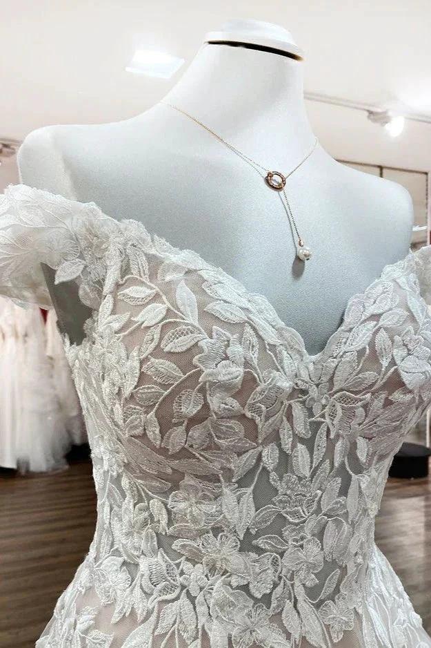 Gorgeous Long A-line Off-the-shoulder Tulle Lace Ruffles Wedding Dress (ZD14448)