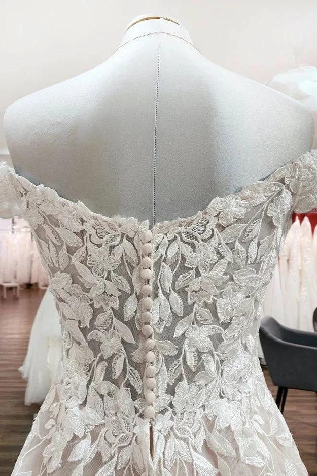 Gorgeous Long A-line Off-the-shoulder Tulle Lace Ruffles Wedding Dress (ZD14448)