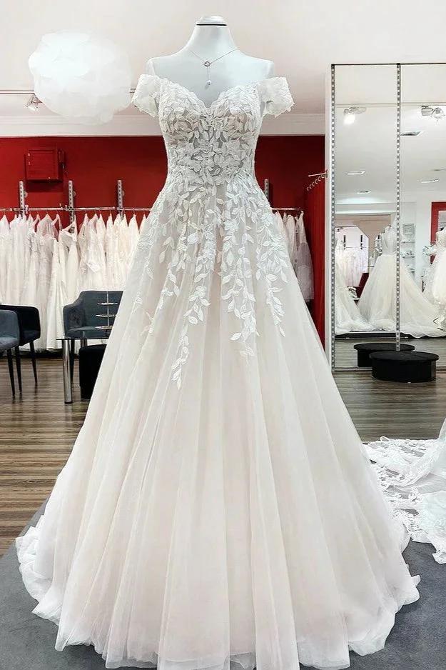 Gorgeous Long A-line Off-the-shoulder Tulle Lace Ruffles Wedding Dress (ZD14448)