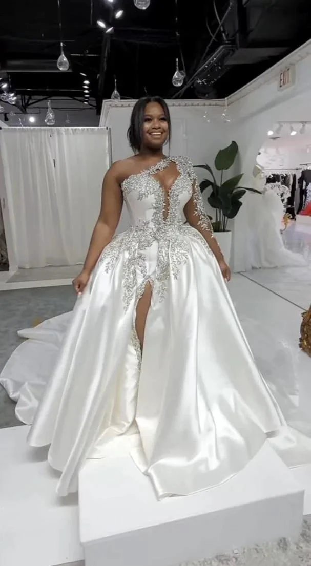 Gorgeous Long A-line One Shoulder Beading Wedding Dress With Slit (ZD16392)