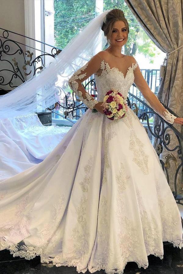 Gorgeous Long A-line Sweetheart Satin Lace Tulle Wedding Dress with sleeves (ZD15034)