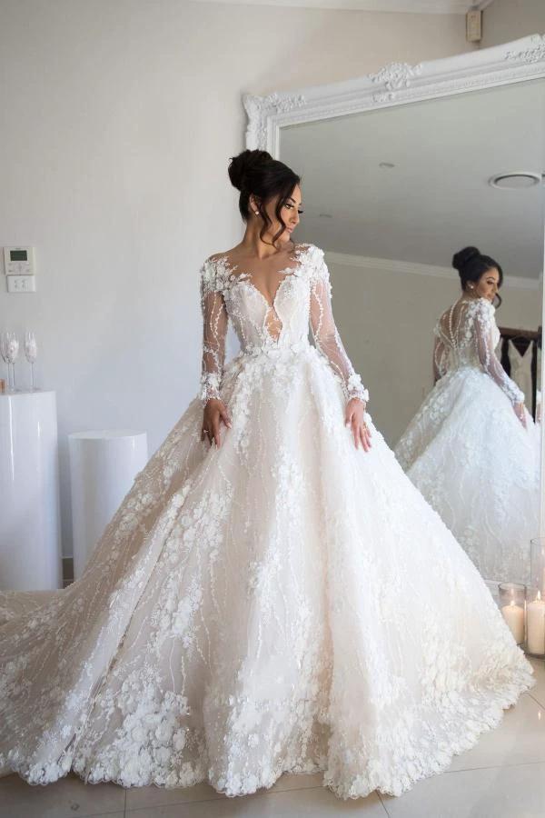 Gorgeous Long A-line Sweetheart Tulle Lace Open Back Wedding Dress with sleeves (ZD15198) - VelvetHem