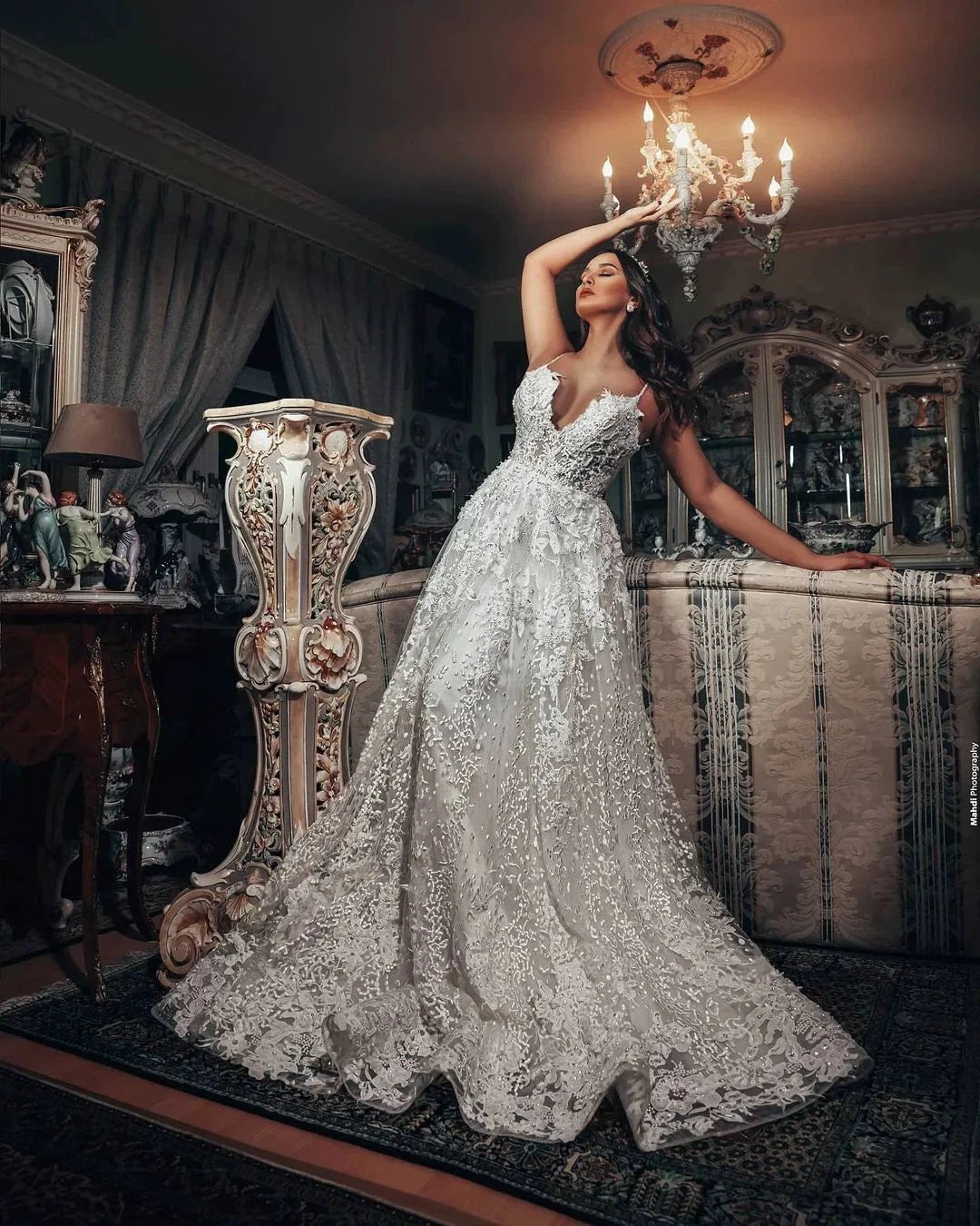 Gorgeous Long A-line V-neck 3D Floral Lace Wedding Dress (ZD15059)