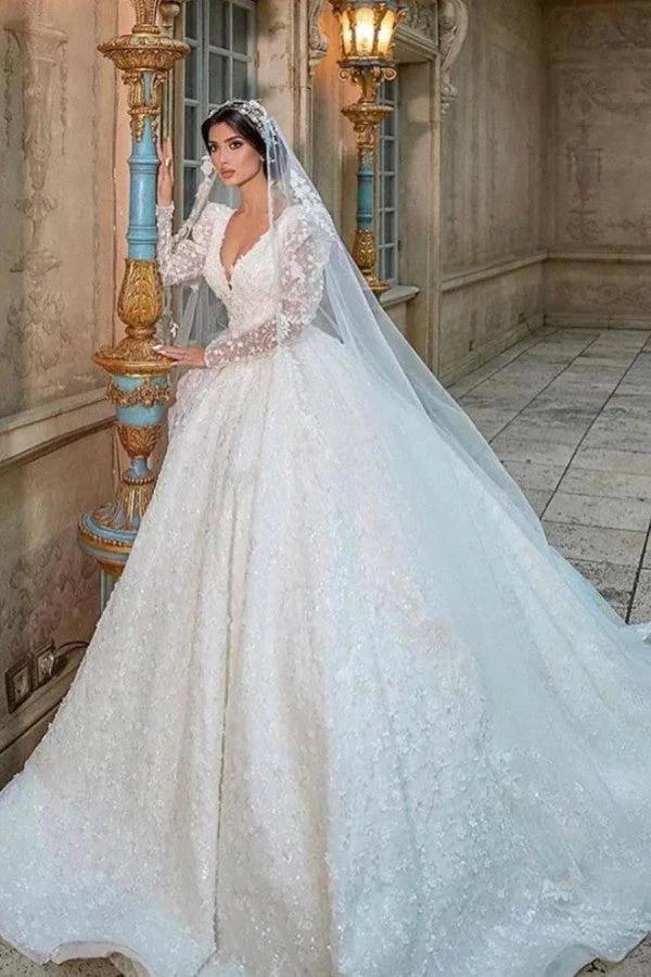 Gorgeous Long A-Line V-neck Appliques Lace Wedding Dress with Sleeves (ZD15079) - VelvetHem