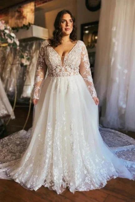 Gorgeous Long A-line V-neck Long Sleeves Lace Wedding Dresses with Train (ZD15603)