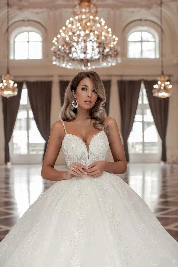 Gorgeous Long A-line V-neck Sleeveless Princess Wedding Dresses With Lace (ZD14842)