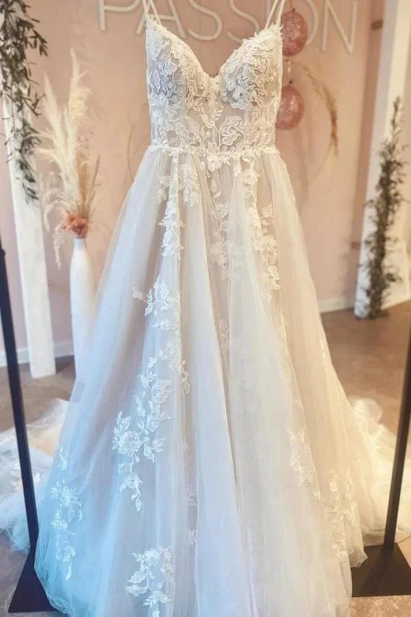 Gorgeous Long A-line V-neck Spaghetti Straps Tulle Backless Wedding Dress (ZD14456) - VelvetHem
