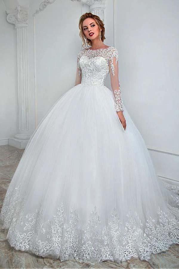 Gorgeous Long Ball Gown Jewel Tulle Lace Wedding Dress with Sleeves (ZD15196) - VelvetHem