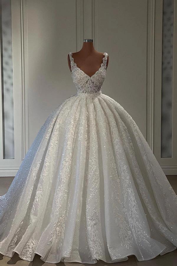 Gorgeous Long Ball Gown Sweetheart Sleeveless Lace Wedding Dress with Ruffles (ZD16753) - VelvetHem