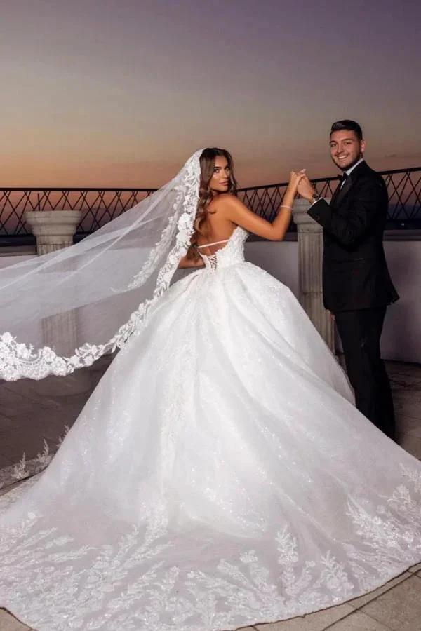 Gorgeous Long Ball Gown Sweetheart Tulle Wedding Dresses with Appliques Lace (ZD16728) - VelvetHem