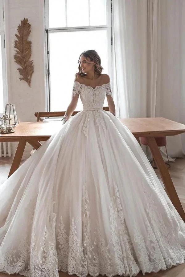 Gorgeous Long Ball Gowns Lace Tulle Wedding Dresses with Sleeves (ZD15017) - VelvetHem