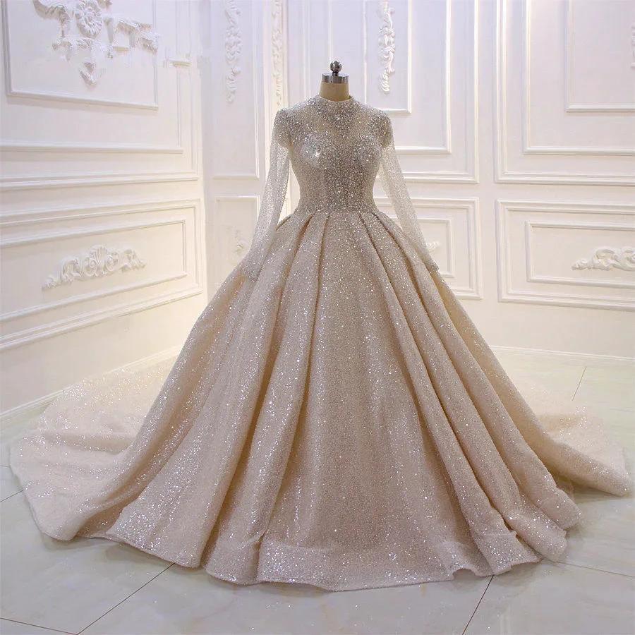 Gorgeous Long High neck Sequin Satin Ball Gown Wedding Dress with Sleeves (ZD15190)