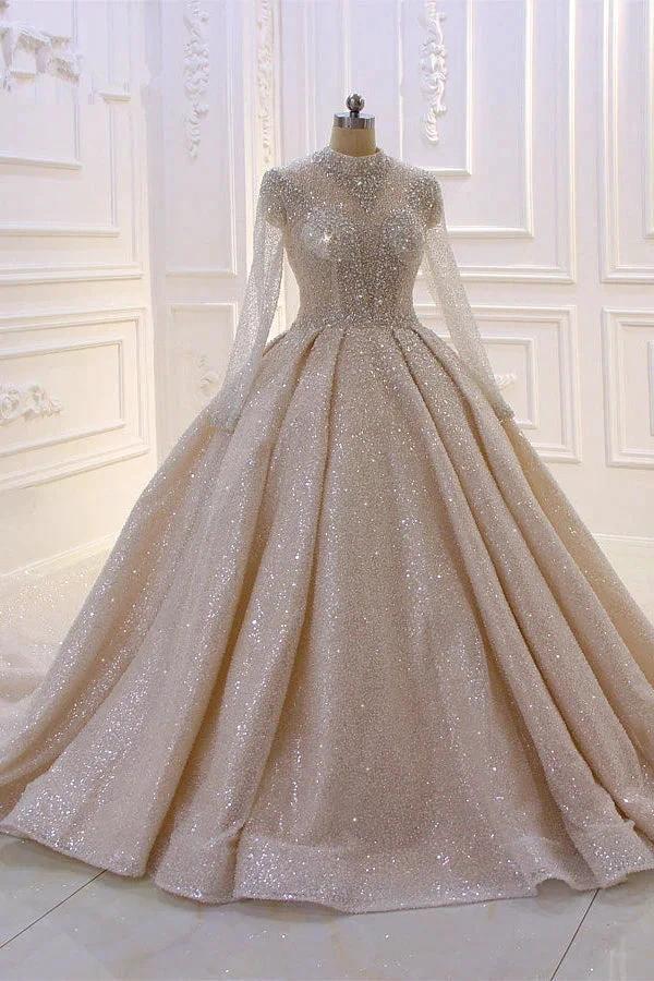 Gorgeous Long High neck Sequin Satin Ball Gown Wedding Dress with Sleeves (ZD15190) - VelvetHem