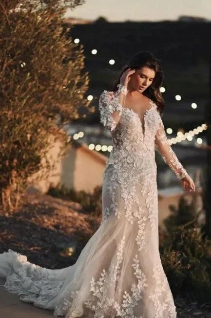 Gorgeous Long Mermaid Lace Wedding Dresses With Long Sleeves (ZD14909)